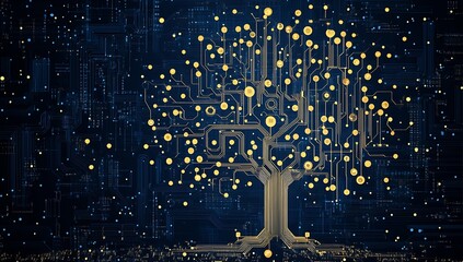Poster - Elegant digital illustration of a glowing tree formed by circuit paths representing nature and technology : Generative AI