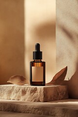 Aufkleber - Stylish amber serum bottle placed on stone with dried leaves and warm sunlight glow : Generative AI