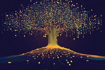Fototapete - Colorful digital tree illustration with flowing light elements representing nature and technology : Generative AI