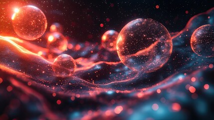 Wall Mural - Floating spheres in space with bright red and orange glows