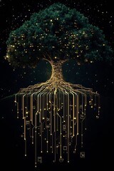 Fototapete - Elegant Tree with Connecting Digital Lines and Radiant Roots in Space : Generative AI