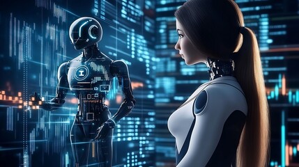 Fototapete - Close-up of a female figure observing a humanoid robot in a digital environment : Generative AI