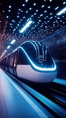 Poster - Sleek Modern Urban Train Displaying Futuristic Aesthetics in Neon Tunnel Design : Generative AI