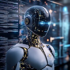 Fototapete - Advanced humanoid robot with illuminated features observing a complex data display representing technology evolution : Generative AI