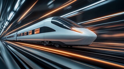 Poster - Futuristic high-speed train moving rapidly in a modern tunnel with bright streaks of light : Generative AI