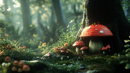 Poster - Enchanting scene of whimsical red mushrooms under a lush green forest canopy filled with vibrant flora : Generative AI