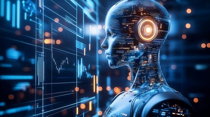 Poster - Dramatic side profile of a futuristic humanoid robot reflecting advanced technology and digital data in its design : Generative AI