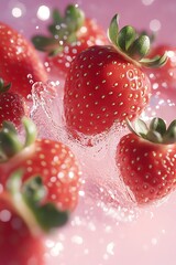 Poster - Close Up of Fresh Strawberries Splashing in Water with Pink Background : Generative AI