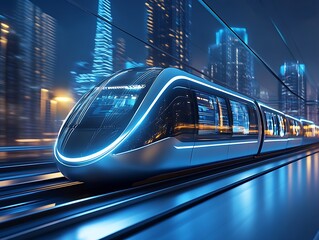Poster - Sleek Modern Train Traveling Through a Dazzling Urban Landscape at Night with Neon Highlights : Generative AI