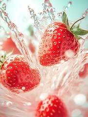 Poster - Multiple strawberries in dynamic splash with glowing water droplets creating a vibrant scene : Generative AI