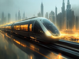 Poster - Sleek design of a modern train showcasing high-speed travel in a glowing metropolitan background : Generative AI