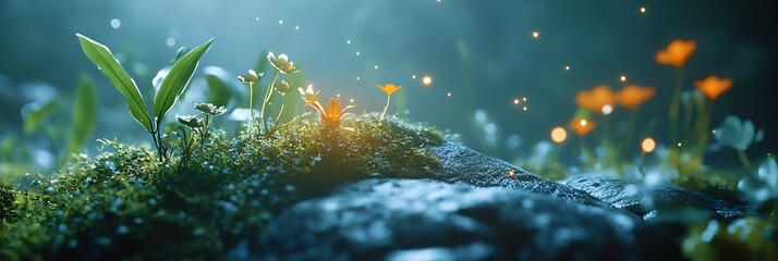 Poster - Enchanting scene of tiny orange flowers with shimmering lights amidst lush moss and greenery in forest ambiance : Generative AI