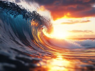 Wall Mural - Exquisite ocean wave illuminated by sunset rays creating a beautiful contrast of colors in the water and sky : Generative AI