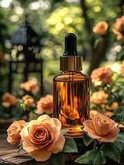 Aufkleber - Close-up of a luxurious glass serum bottle filled with golden liquid amidst a backdrop of vibrant roses : Generative AI