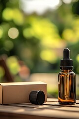 Aufkleber - Aromatic essential oil in glass dropper bottle set against a blurred green background : Generative AI