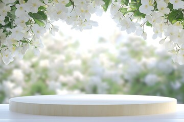 Poster - Charming wooden pedestal surrounded by delicate white flowers creating a serene display scene : Generative AI
