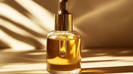 Aufkleber - Stylish dropper bottle containing rich golden oil gracefully illuminated by soft shadows : Generative AI