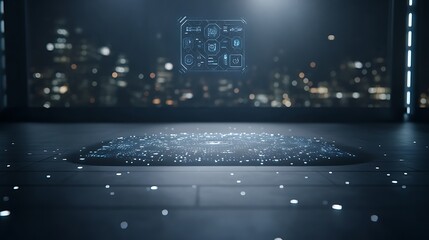 Leinwandbilder - Futuristic digital interface floating above a high-tech floor with city lights in the background.