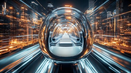 Fototapete - Interior View of a High-Speed Pod with Blurry City Lights Creating a Futuristic Ambiance : Generative AI
