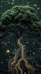 Leinwandbilder - Lush green tree symbolizing nature interwoven with colorful digital circuits and sparkles of light : Generative AI