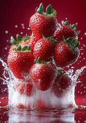 Poster - Close-up of strawberries splashing in water creating an eye-catching visual of freshness and vibrancy in red : Generative AI