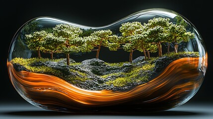 Poster - An artistic glass sculpture showcasing a serene landscape with trees and textured hues of orange and green : Generative AI