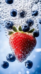 Wall Mural - Fresh Strawberries and Blueberries Bubbles in Sparkling Water Creating a Refreshing Healthy Drink Image : Generative AI