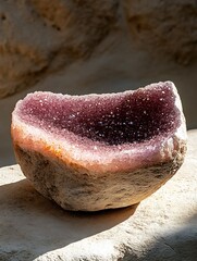 Aufkleber - Vibrant geode with stunning purple crystals catching light beautifully set on a rocky surface : Generative AI
