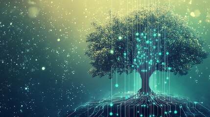 Leinwandbilder - Captivating digital art featuring a technology-infused tree representing the fusion of nature and the digital realm with depth and beauty : Generative AI