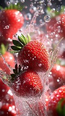 Poster - Vibrant strawberries splashing through water droplets in a dynamic and lively setting : Generative AI