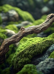 Poster - Intricate details of twisted wood contrasting against soft green moss illustrating the harmony of natural elements : Generative AI