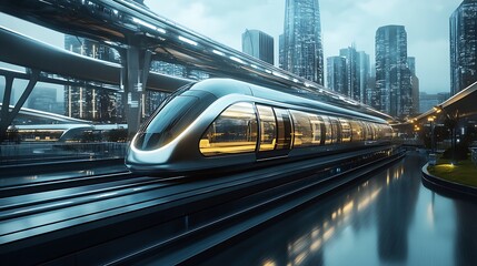 Poster - Futuristic high-speed train gliding through a sleek cityscape with modern skyscrapers : Generative AI
