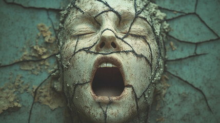 Canvas Print - Cruelty grunge, A frozen face in a silent scream with sewn mouth, enhanced for high fidelity and resolution.