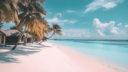 Poster - Serene beach view featuring swaying palms and inviting ocean waters on a sunny day : Generative AI
