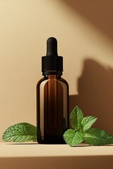 Aufkleber - Stylish amber glass bottle with dropper featuring fresh mint leaves on smooth surface : Generative AI