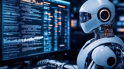 Poster - Close-up of a Futuristic Robot Operating Data Systems in a High-Tech Environment : Generative AI
