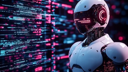 Aufkleber - Sleek humanoid robot showcasing advanced features with vibrant neon lights in a futuristic digital landscape : Generative AI