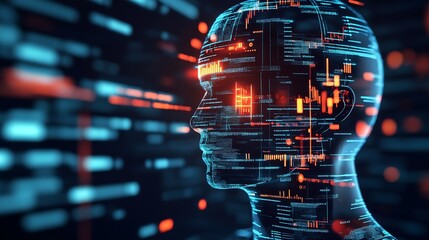Fototapete - Futuristic digital human head with glowing data streams and codes flowing around it : Generative AI
