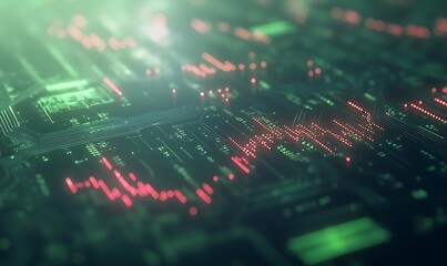 Fototapete - Abstract digital visualization of data streams and circuitry in vibrant green and red hues.