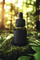Aufkleber - Elegant dark glass dropper bottle surrounded by lush green moss in a serene forest setting : Generative AI