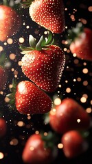Poster - Delicious fresh strawberries suspended in the air with sparkling bokeh creating a magical ambiance : Generative AI