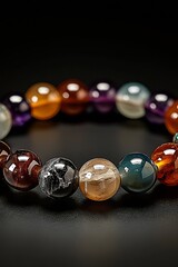 Poster - Vibrant gemstone bracelet showcasing a mix of colors and textures against a sleek black background emphasizing detail : Generative AI
