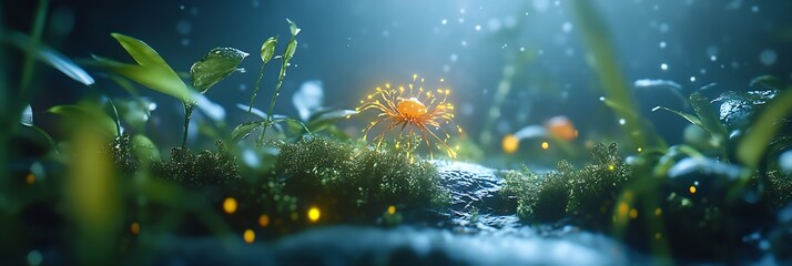Poster - Beautiful close up view of vibrant orange flowers with glowing particles in mystical forest setting : Generative AI