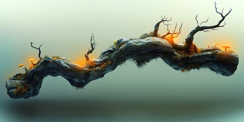 Poster - Stunning Weathered Wood Driftwood Structure Showcasing Glowing Fungi Amidst Twilight Ambiance : Generative AI
