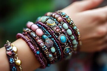 Poster - Vibrant collection of bohemian bracelets showcasing intricate details and colorful beading on a wrist : Generative AI