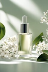 Aufkleber - Elegant dropper bottle showcasing natural essential oil nestled among flowers and leaves in a softly lit environment : Generative AI