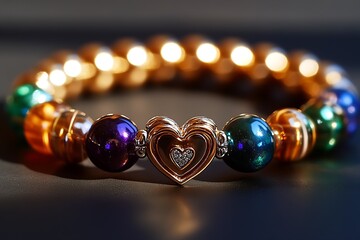 Poster - Elegant close-up of a stunning beaded bracelet featuring a heart charm and vibrant colored beads in warm light : Generative AI