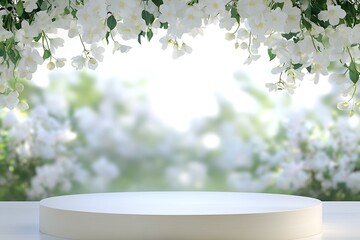 Poster - Stunning Floral Composition with Bright Background and Smooth Wooden Platform : Generative AI