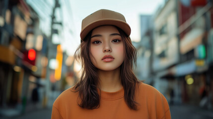 Wall Mural - Young Japanese woman in trendy street style, confident pose, urban background.