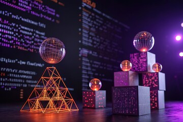 Abstract 3D structures, glass spheres, and programming code on a screen, technology, software development, coding, innovation, futuristic concept